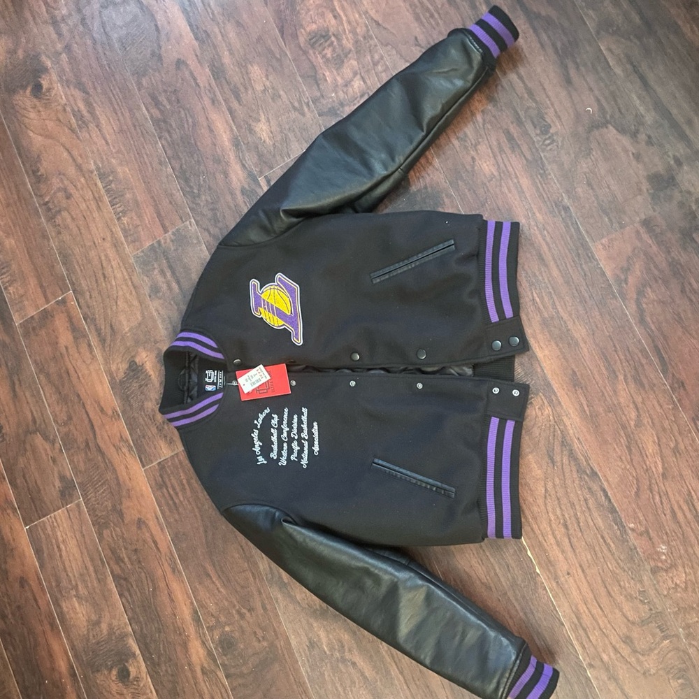 Ultra Game Black Varsity Jacket with Purple Stripes